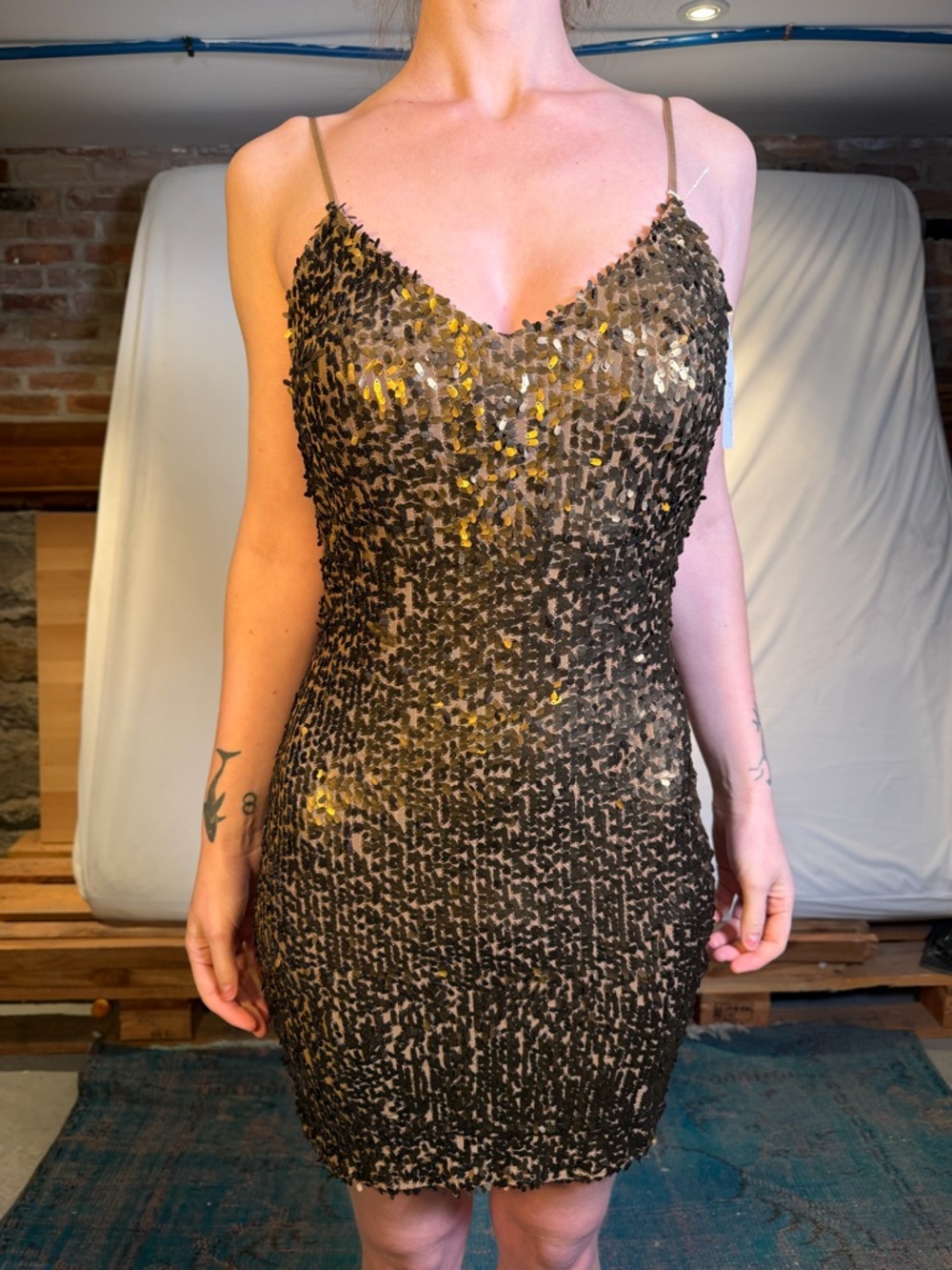 Eight Sixty Gold Sequin Spaghetti-Strap Mini Dress